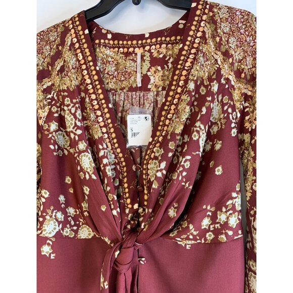 Free People S Boho Floral Tie Front Blouse Top Small NWT Burgundy Long Sleeve - Picture 3 of 13